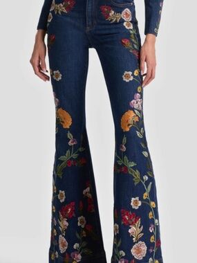 Alice & Olivia Floral Wide Leg Floral Embroidered Jeans NWT Sz 28